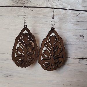 Wood Earrings - Light Brown Ornate Teardrop